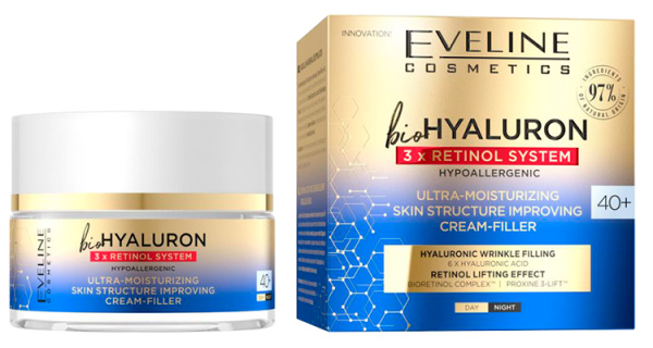 Крем-филлер для лица Eveline bio Hyaluron ночной, дневной 40мл 40+ ультраувлажняющий