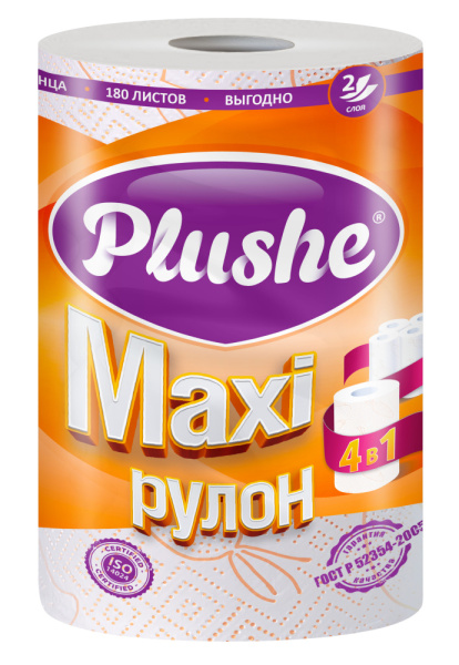 Полотенца бумажные Plushe Maxi двухслойные 1шт 40м белые, цветное тиснение