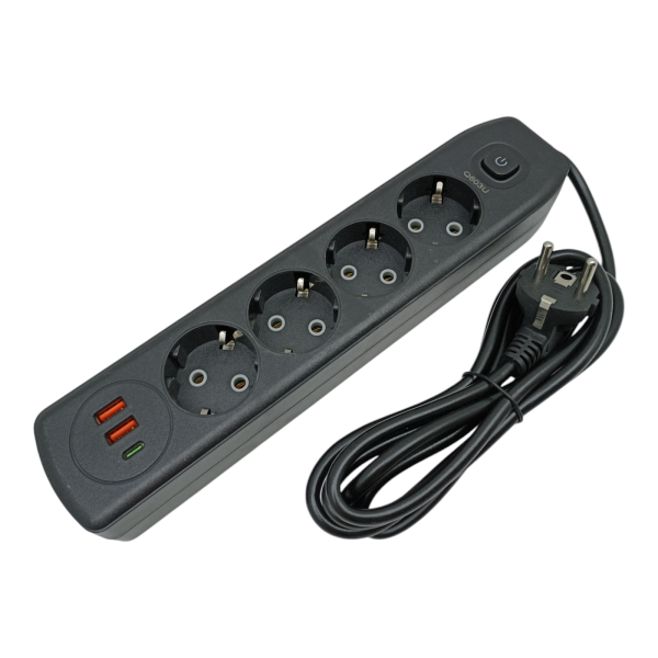 Удлинитель 1,8м 4гн  2USB, 1 Type-C черный /Q60/