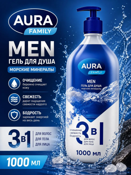 Гель для душа Aura Family 1000мл 3в1 морские минералы (У-6)
