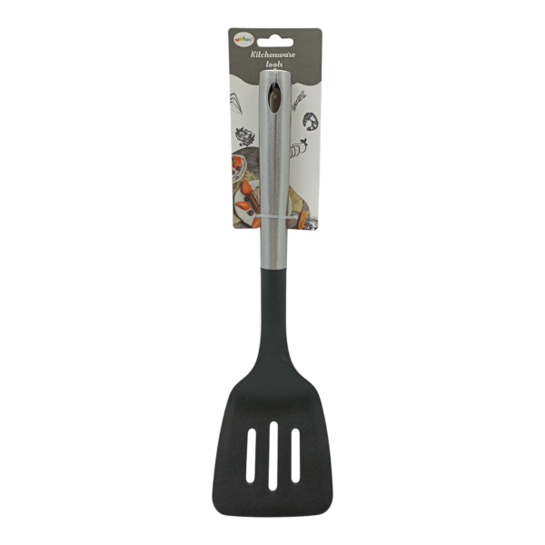 Лопатка кухонная силиконовая с прорезями с ручкой из нержавеющей стали, черная Лопатка кухонная силиконовая с прорезями с ручкой из нержавеющей стали, черная