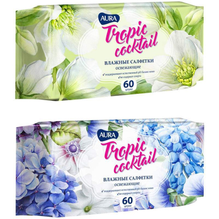 Салфетки влажные Aura  60шт освежающие тропический коктейль