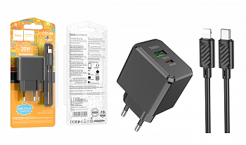 Зарядное устройство сетевое Hoco 20Вт USB-A и USB-C с кабелем Type-C Lightning 1,0м 3А черное