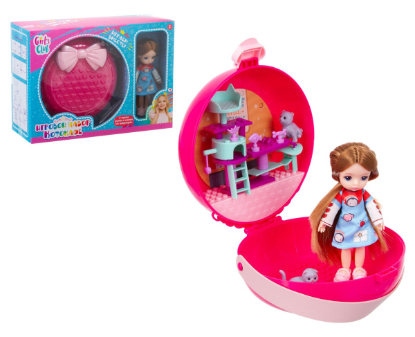 Набор игровой "Котокафе" "Girls Club" (кукла 14см ручки и ножки шарнирные, котята, домик)