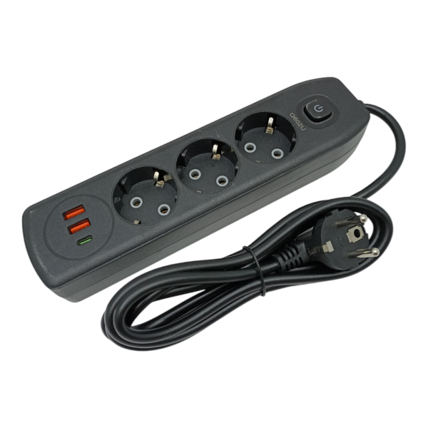 Удлинитель 1,8м 3гн  2USB, 1 Type-C черный /Q60/