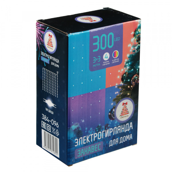 Гирлянда эл. занавес роса "Огни мегаполиса" 3х3м, 300LED*16 цвет, 4реж, пульт,таймер,USB,НВ