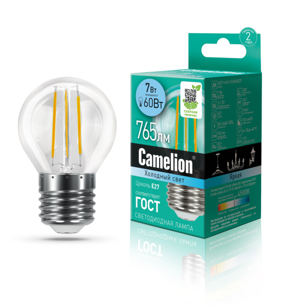 Лампа светодиодная Camelion шар LED7-G45-FL/845/E27 7Вт 220В
