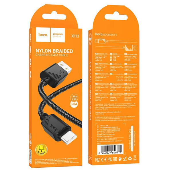 Кабель USB-Type-C Hoco X113 Beneficio, 1.0м, 3A чёрный