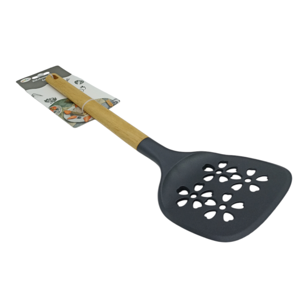 Лопатка кухонная силиконовая с прорезями с деревянной ручкой, черная Лопатка кухонная силиконовая с прорезями с деревянной ручкой, черная