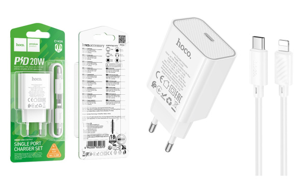 Зарядное устройство сетевое Hoco C143A Type-C 20W PD,QC с кабелем Lightning белое