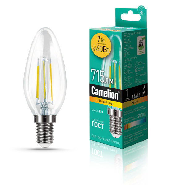 Лампа светодиодная Camelion свеча LED7-С35-FL/830/E14 7Вт 220В