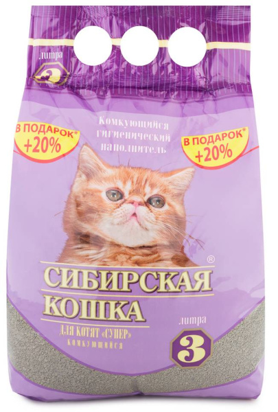 Наполнитель впитывающий Сибирская кошка для котят 3л супер комкующийся
