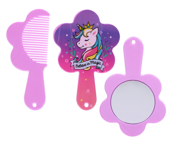 Расческа с зеркалом в наборе детские "МИМИШКИ", единорог, цвет розово-фиолетовый, 11см