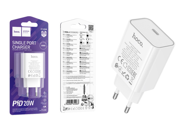 Зарядное устройство сетевое Hoco 20Вт, QC3.0/PD, Type-C, C143A, белое