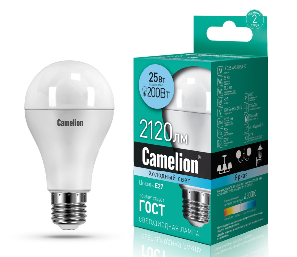 Лампа светодиодная Camelion шар LED25-A65/845/E27 25Вт 220В