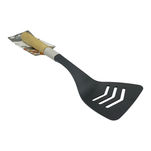 Лопатка кухонная силиконовая с прорезями с деревянной ручкой со вставкой, черная Лопатка кухонная силиконовая с прорезями с деревянной ручкой со вставкой, черная