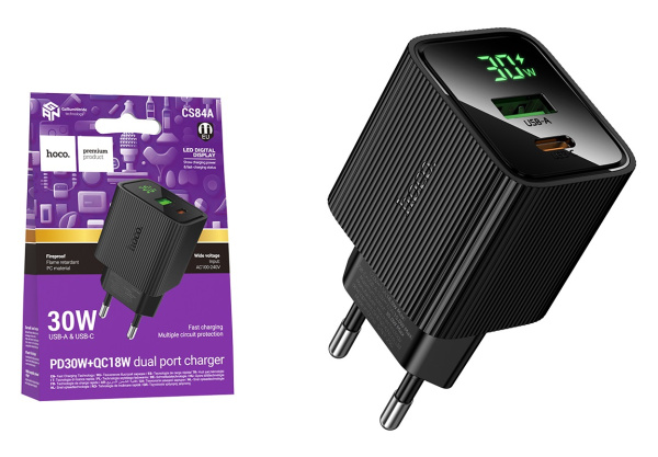 Зарядное устройство сетевое Hoco CS84A USB/Type-C 30W, QC3.0, PD, 2 порта, с дисплеем черное