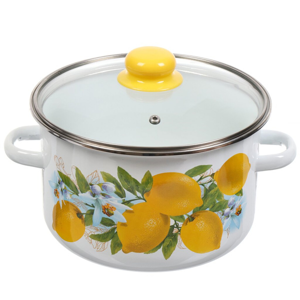 Кастрюля эмалированная  3,0л цилиндр белая, стеклянная крышка лимоны (У-6)