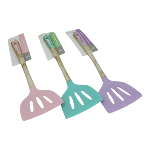 Лопатка кухонная силиконовая с прорезями с деревянной ручкой, цветная Лопатка кухонная силиконовая с прорезями с деревянной ручкой, цветная