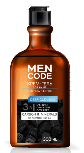 Крем-гель для душа Men Code Deep Cleaning 300мл с экстрактами угля и минералов