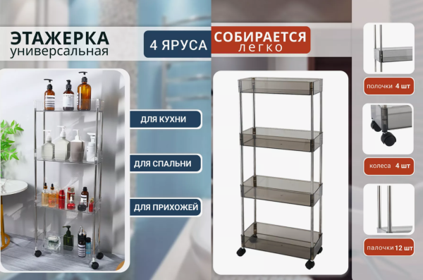 Этажерка универсальная 4-х ярусная на колесах 37*13,3*89см