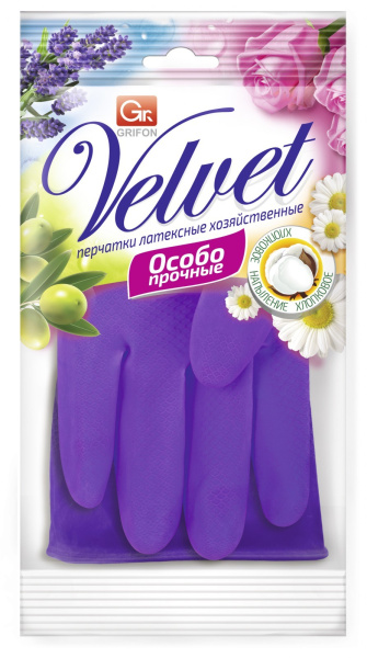 Перчатки латексные Grifon Velvet с хлопковым напылением лаванда и VE р-р M (У-36)