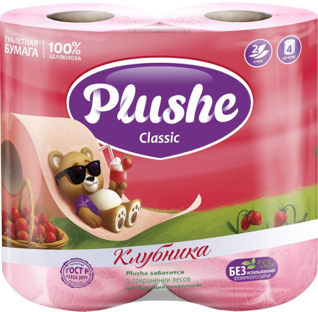 Туалетная бумага Plushe Classic двухслойная  4шт 18м клубника