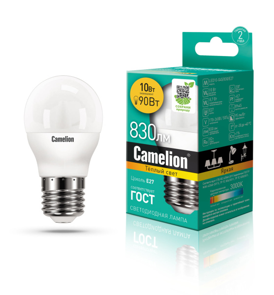 Лампа светодиодная Camelion шар LED10-G45/830/E27 10Вт 220В