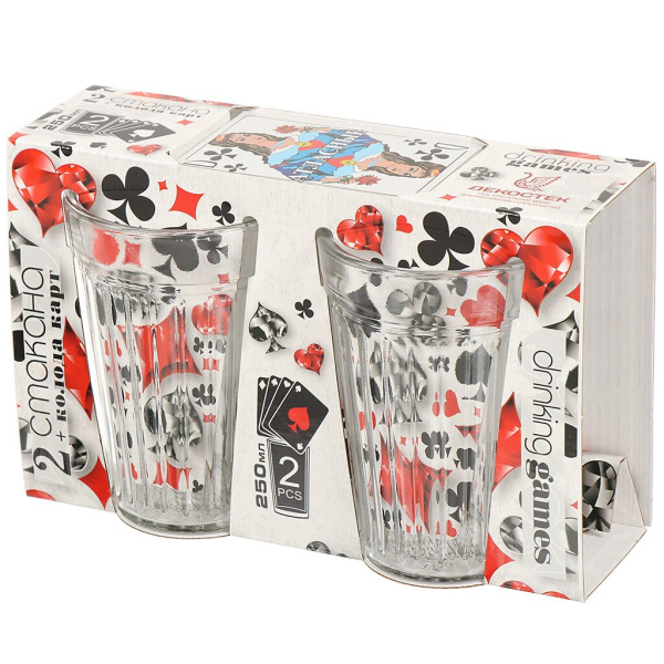 Набор 3пр. (2 граненных стакана 250мл+колода карт) "Игральный 2+1" Гладкий /1233/
