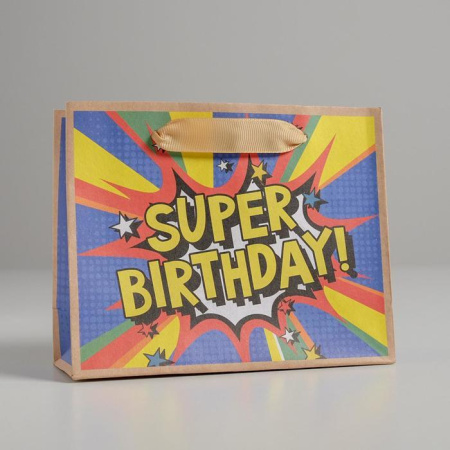 Пакет подарочный крафтовый 15х12х5,5см Super birthday