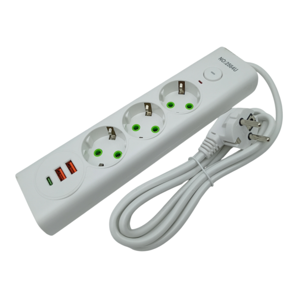 Удлинитель 1,8м  3гн  2USB, 1 Type-C белый /2564/