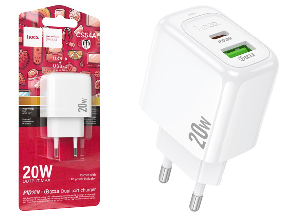 Зарядное устройство сетевое Hoco CS54A Surplus 1xUSB + 1xUSB-C, 20W, белое