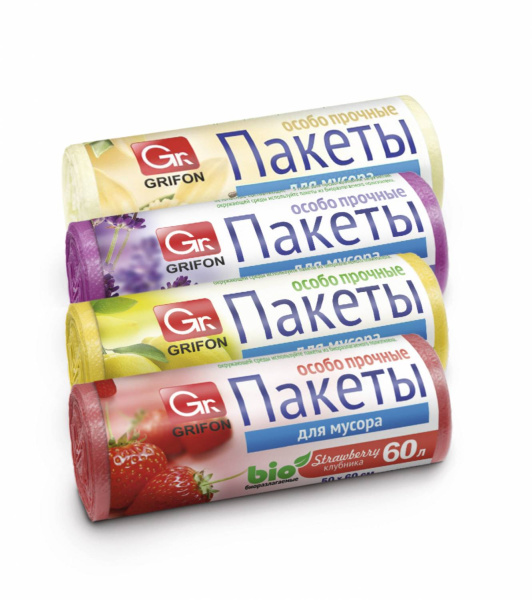 Мешки для мусора Grifon  60л/20шт 10мкм био ваниль/клубника/лаванда/лимон /449-045/