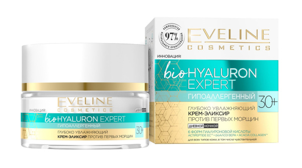 Крем-эликсир для лица Eveline Bio Hyaluron Expert 50мл против первых морщин 30+ Крем-эликсир для лица Eveline Bio Hyaluron Expert 50мл против первых морщин 30+