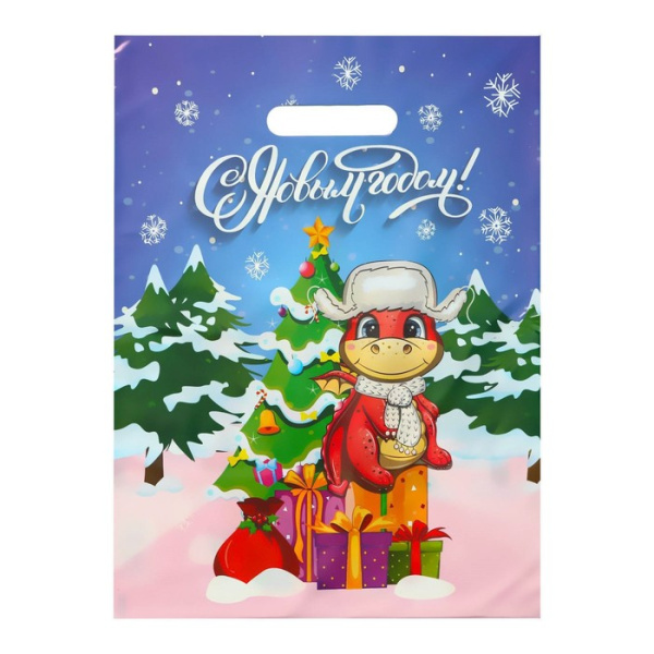 Пакет прорубка подарочный НГ 30х40см Динозаврик у ёлочки