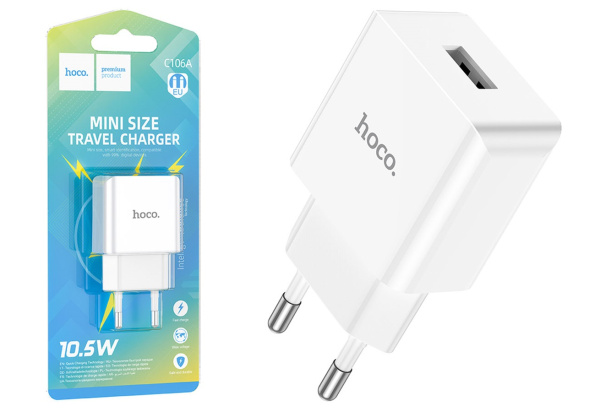 Зарядное устройство сетевое Hoco C106A 1xUSB, 2.1A, 10.5W, белое