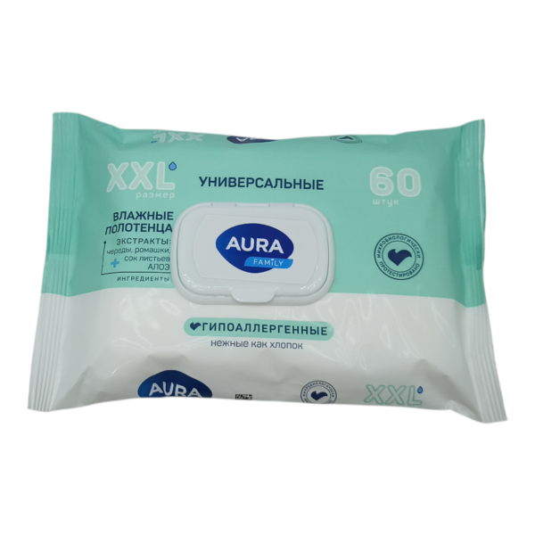 Полотенца влажные AURA Family 60шт (У-10)