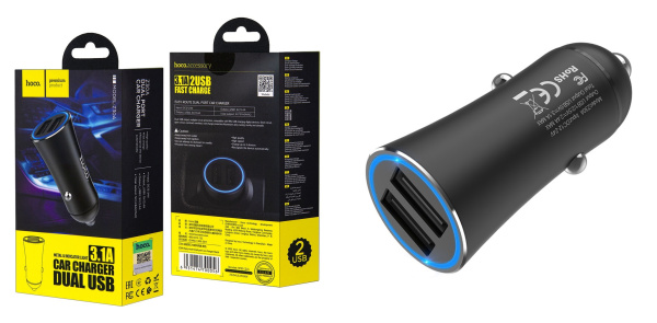 Зарядное устройство (адаптер) 12V Hoco Z30A Easy, 2*USB, 3.1A, черное