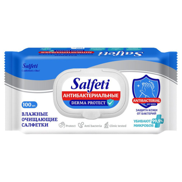 Салфетки влажные Salfeti 100шт антибактериальные с клапаном