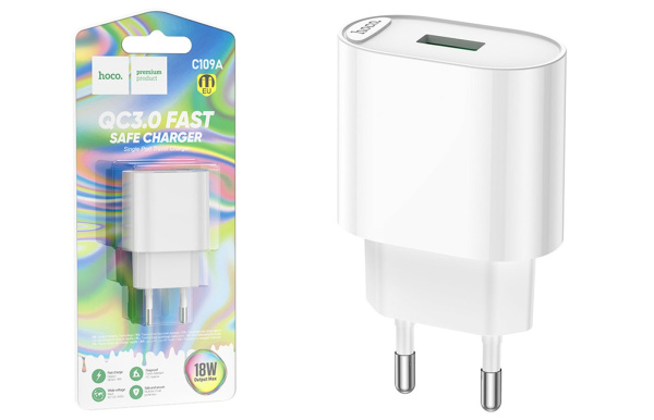 Зарядное устройство сетевое Hoco C109A Fighter 1xUSB, 3.0A, 18W, белое
