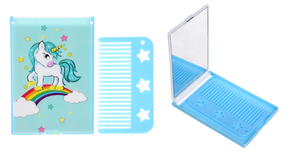 Расческа с зеркалом в наборе детские "МИМИШКИ", единорог, цвет мятный, 11*7,8см