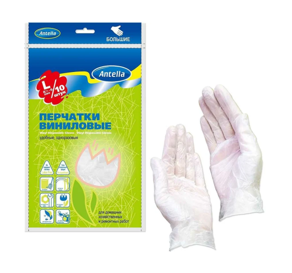 Перчатки виниловые 10шт р-р L Антелла