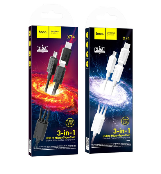 Кабель USB Lightning+MicroUSB+Type-C Hoco X74, 2А, 1 м 