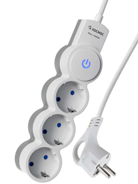 Удлинитель  3м 3гн ПВС 3х1,заземление, IP20, выкл, 220В 10А 2200Вт, белый, КОСМОС (У-35)