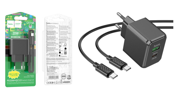 Зарядное устройство сетевое Hoco CS14A 1 USB, 1 Type-C 20Вт, PD, QC, FCP, AFC, кабель Type-C черное