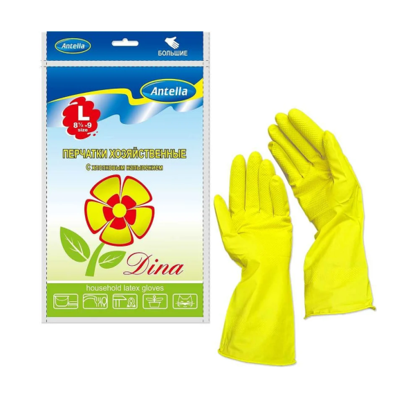 Перчатки резиновые с хлопковым напылением р-р L Дина Антелла (У-12/240)